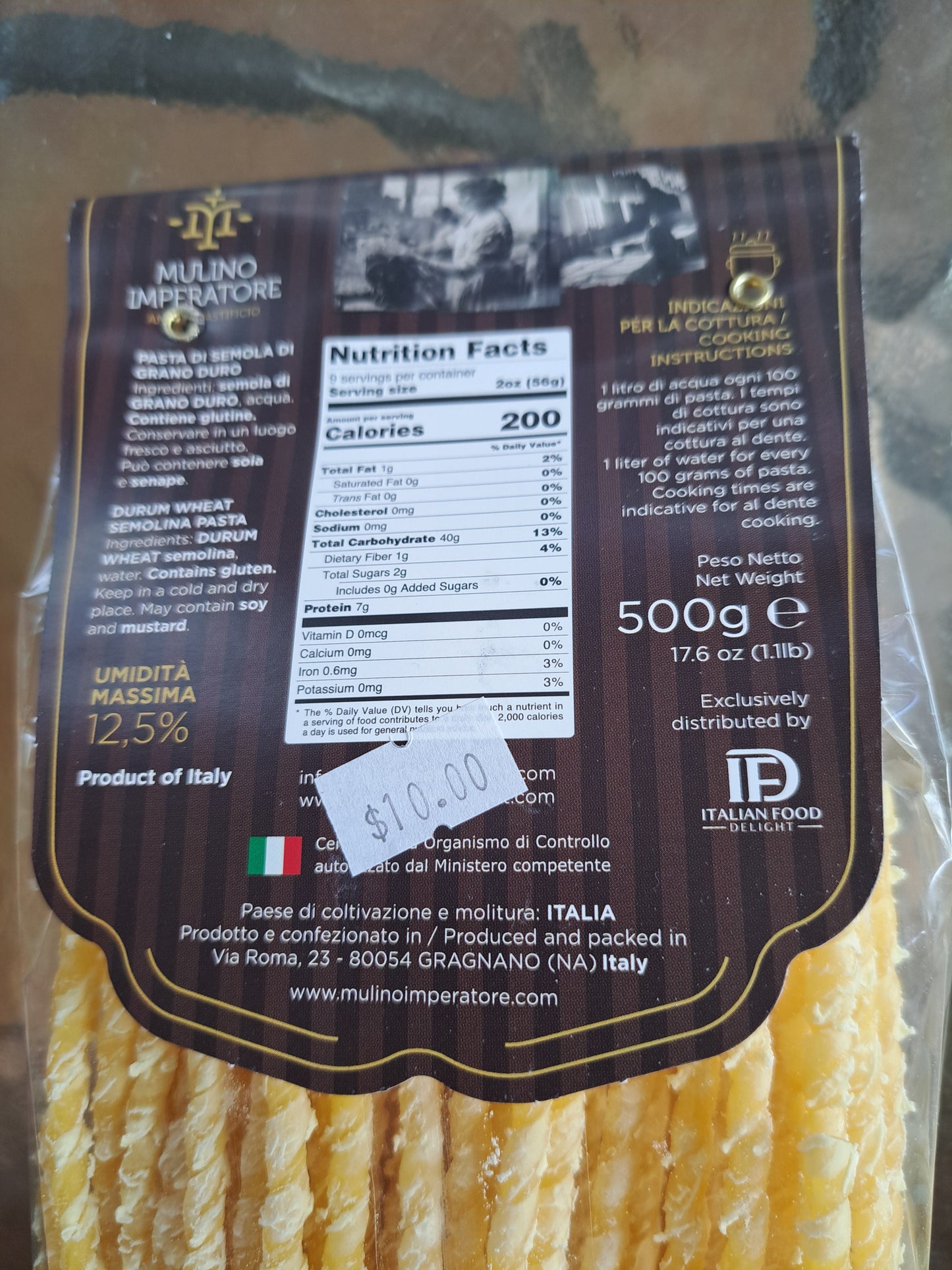 Pasta packaging with visible label and brand logo