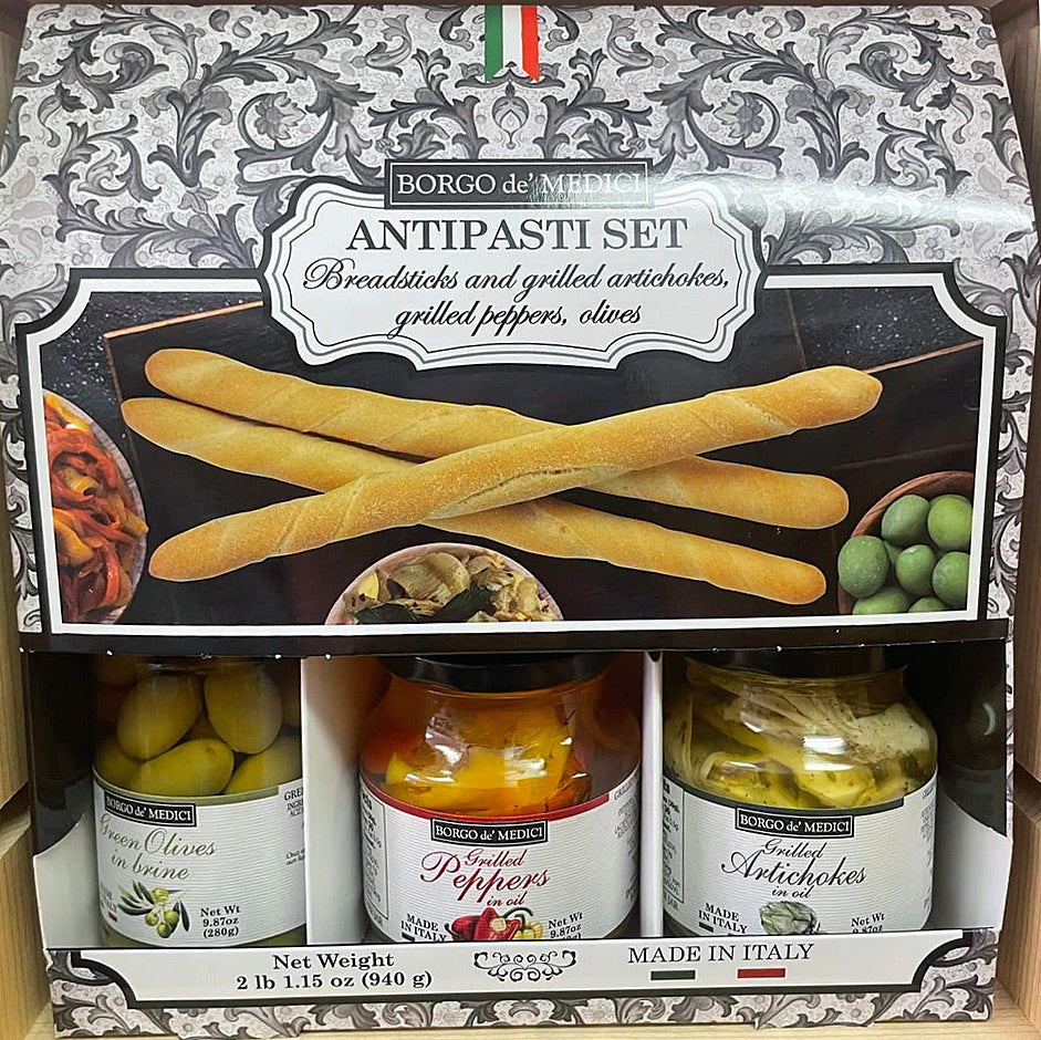 Antipasti Set with breadsticks, grilled artichokes, grilled peppers and Olives.