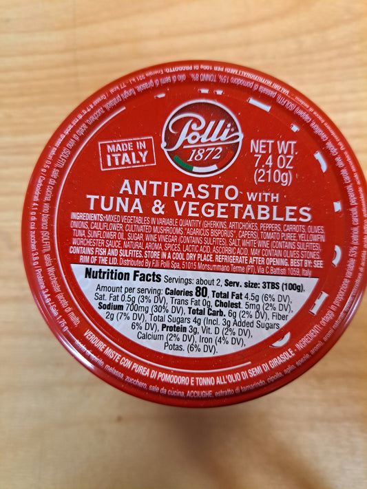 Red lid of a Pelati antipasto with tuna and vegetables container on a wooden surface