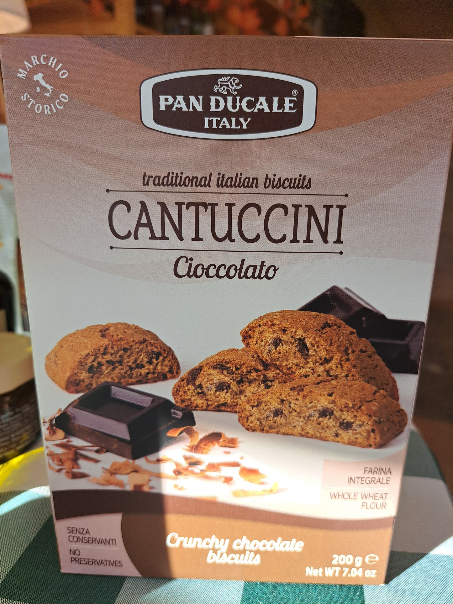 Box of Panducale Cantuccini chocolate cookies with images of cookies on a white background.