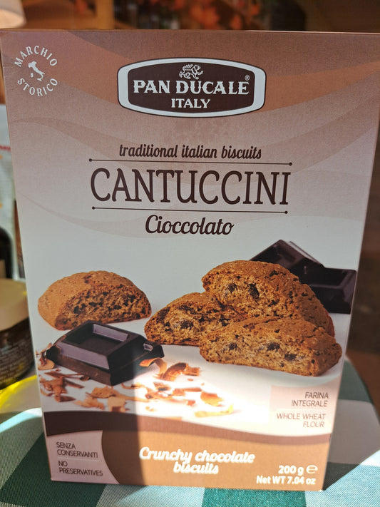 Box of Panducale Cantuccini chocolate cookies with images of cookies on a white background.