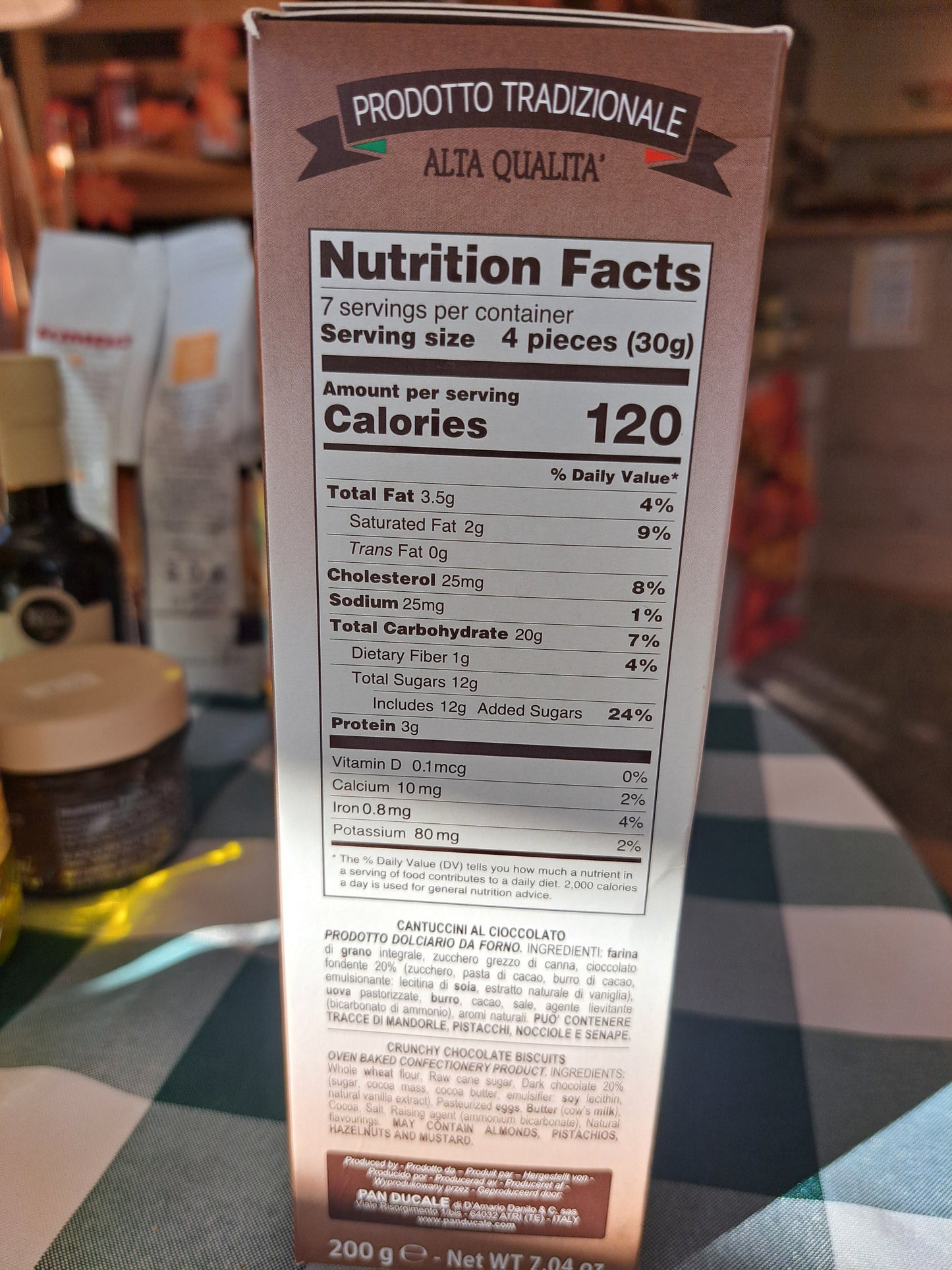 Nutrition facts label on a product packaging with blurred background