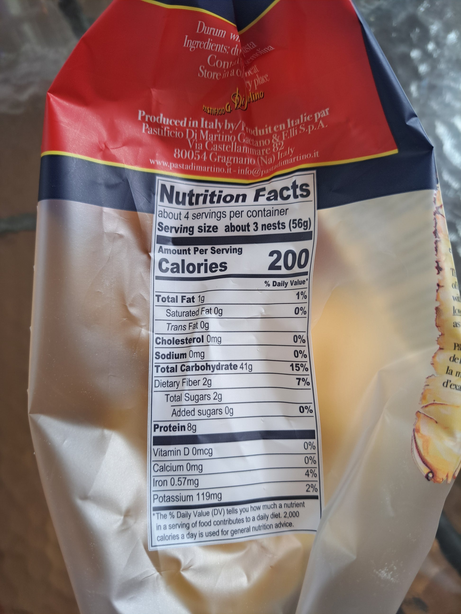Close-up of a food package with a nutrition facts label.