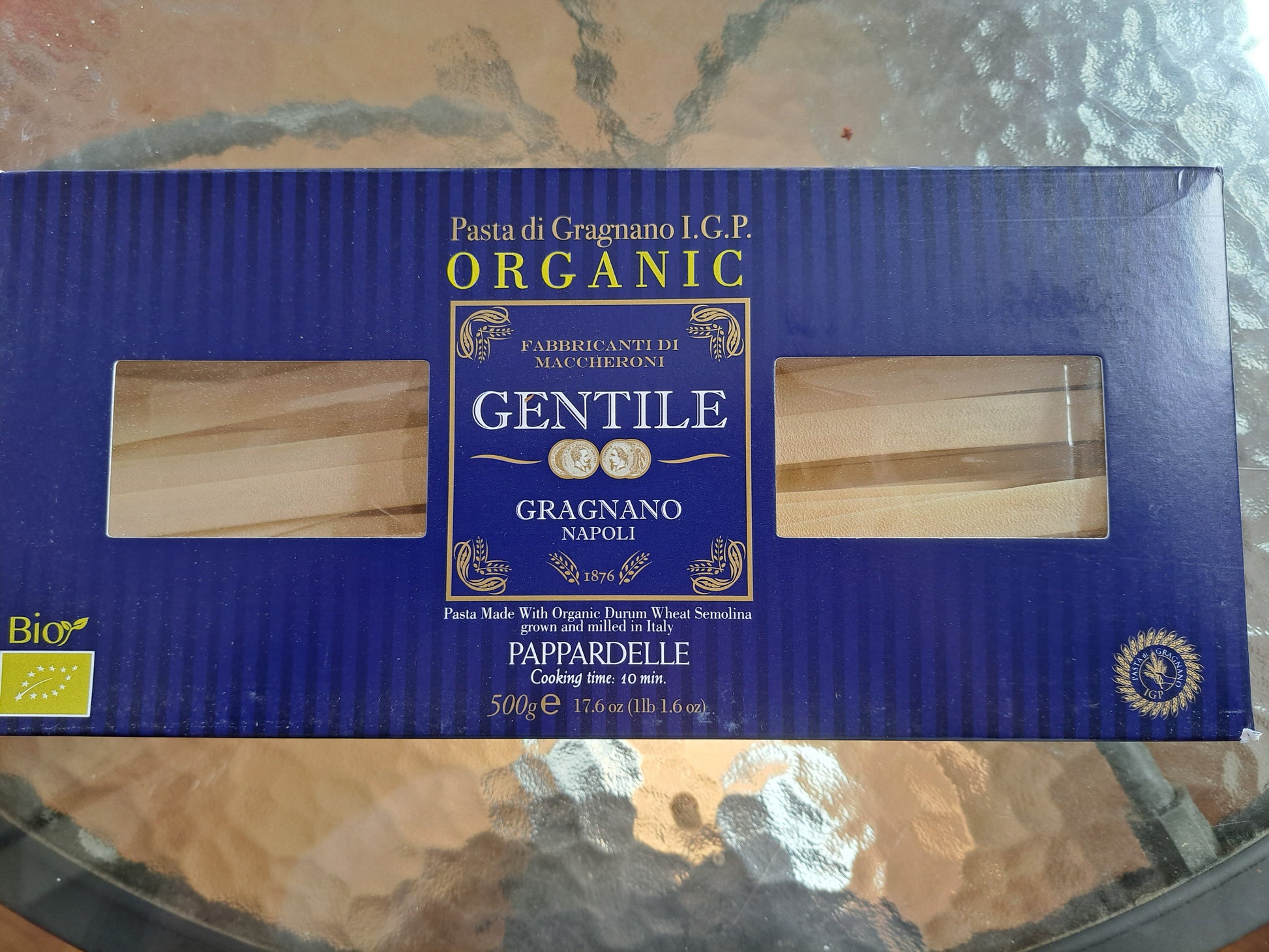 Box of GENTILE ORGANIC pasta on a marble surface