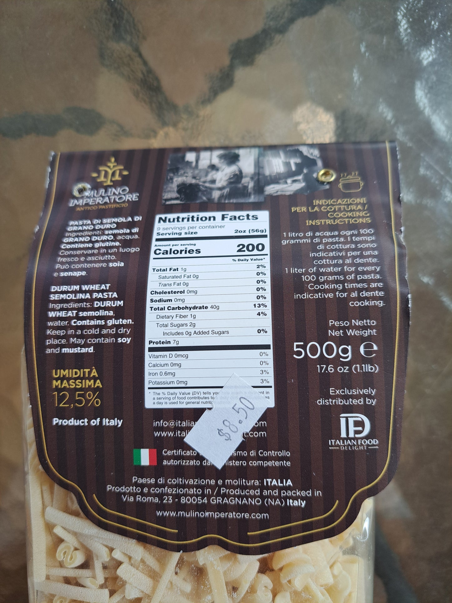 Pasta package with nutritional information on a textured surface