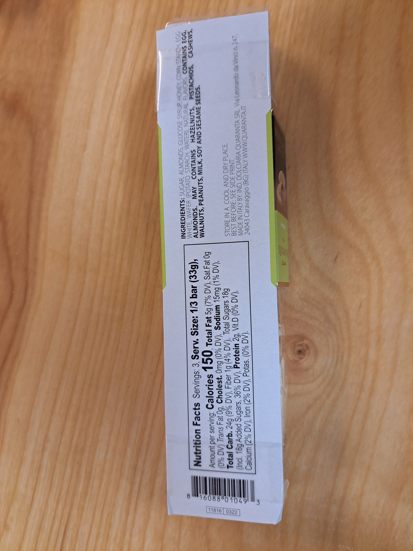 Nutrition label on a wooden surface