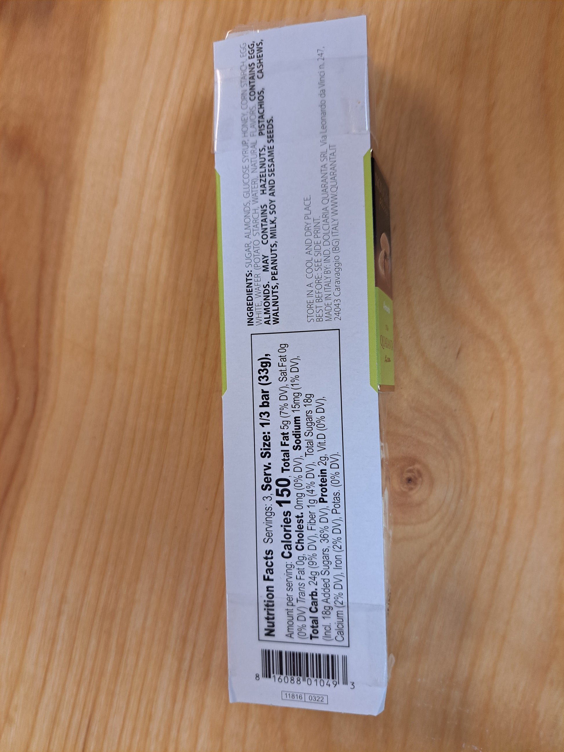 Nutrition label on a wooden surface