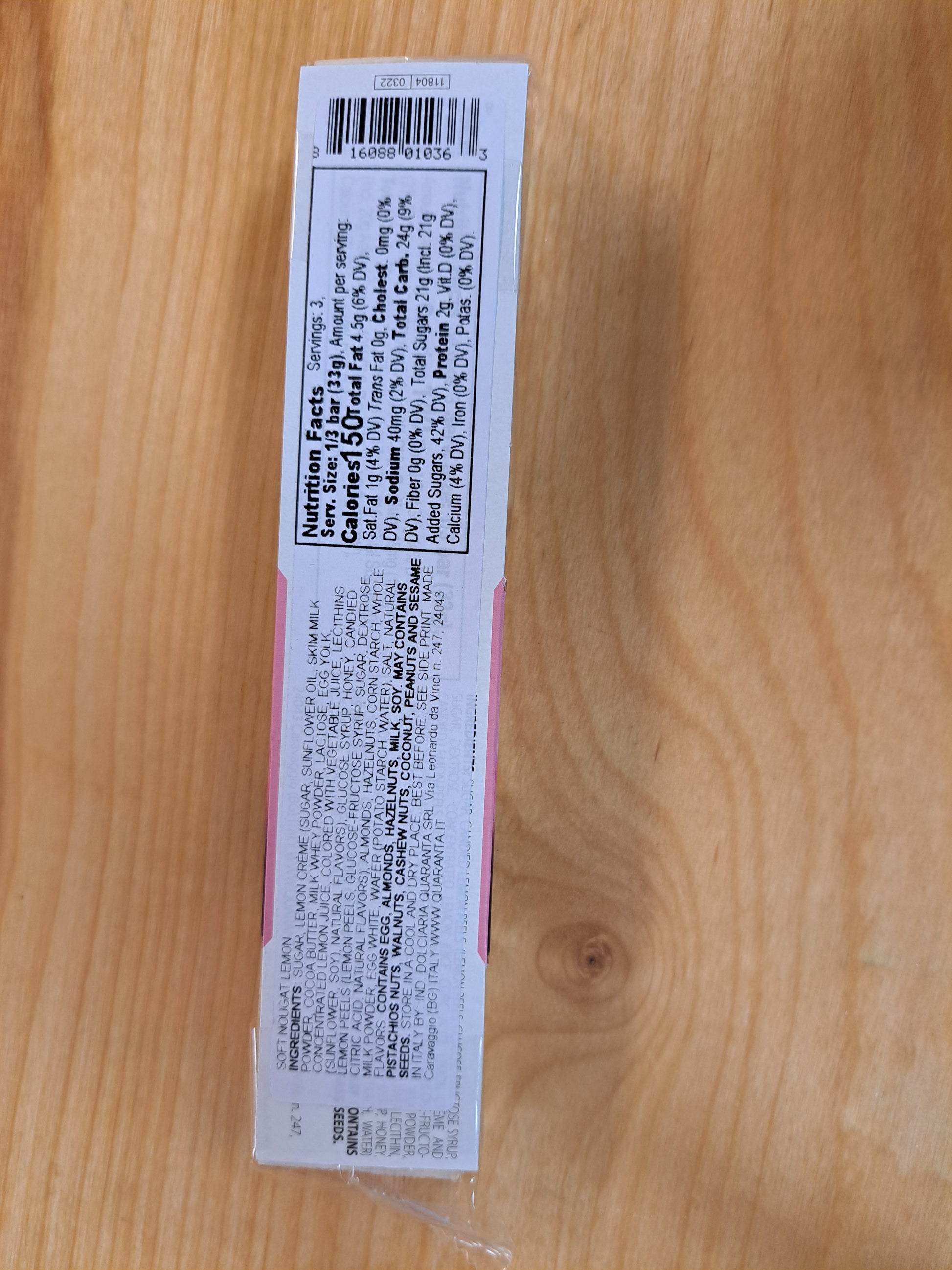 Product label on a wooden surface