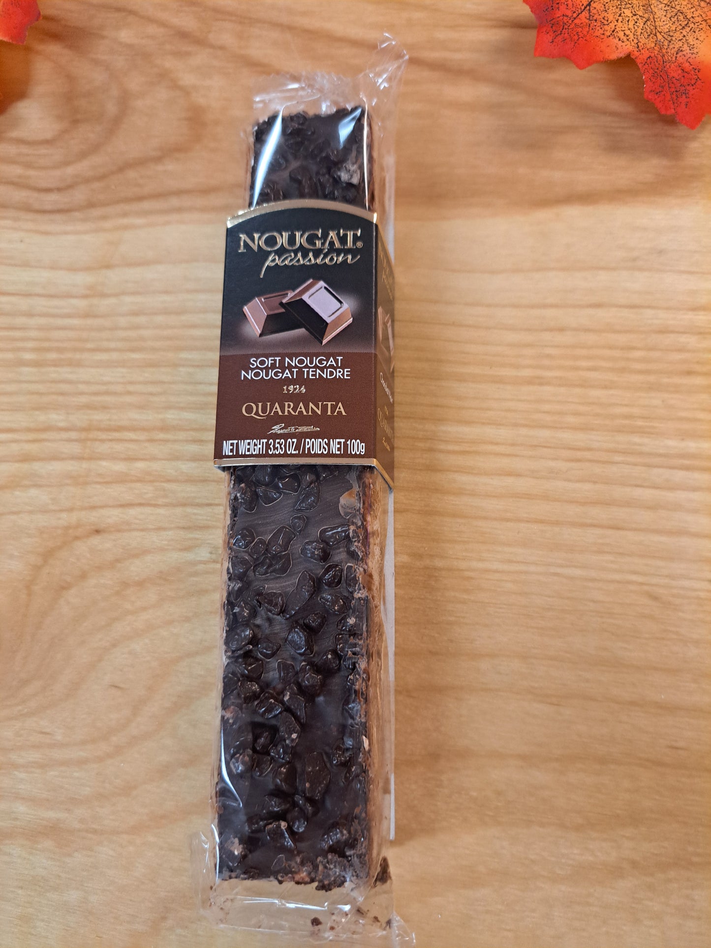 Packaged Nougat on a wooden surface