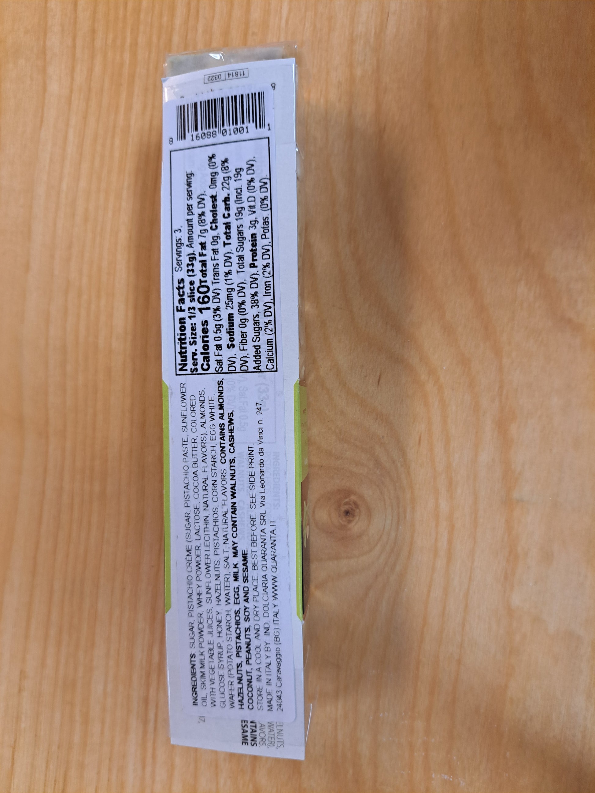 Product label on a wooden surface