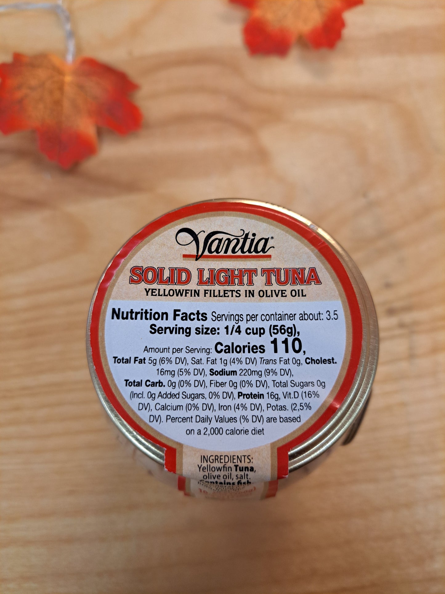 Solid Light Tuna Label on a wooden surface
