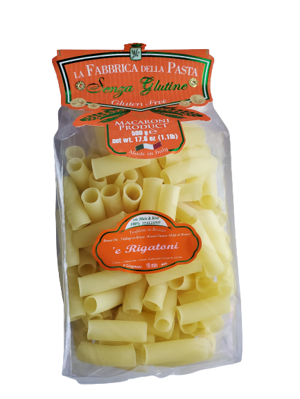 Packaged rigatoni pasta in a clear plastic bag with a red and orange label, indicating 'La Fabrica della Pasta' and 'Senza Gluten' (gluten-free).